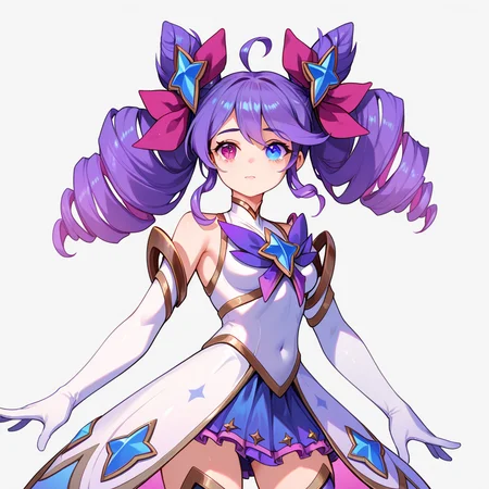 score_9, score_8_up, score_7_up, simple background, standing, upper body, 
1girl, gwen star guardian, heterochromia, twin drills, purple hair, ahoge, thigh boots,
<lora:gwen_star_guardian_pony_v1:0.7>