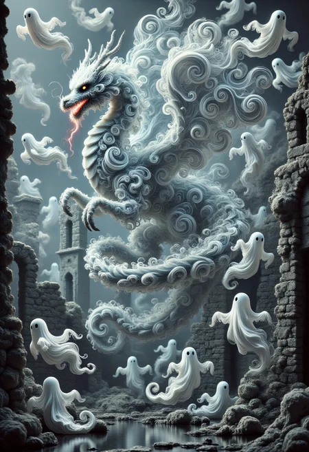 aidmafluxpro1.1,
A dragon made of ghosts is flying over the ruins of an ancient castle. The dragon has fiery eyes, he is breathing fire in the sky. The scene is foggy and surreal with swirly ghosts flying around.
masterpiece, best quality