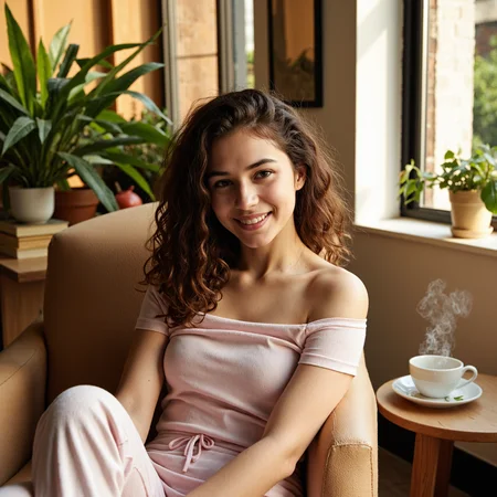 Create a waist-up portrait of a girl with curly hair, sitting comfortably indoors in a casual outfit that reflects her relaxed personality. She is displaying an approved expression, radiating a sense of contentment and ease. The photograph is taken with a Canon camera using a 50mm lens, ensuring super high detail where every wrinkle on her face and the pores of her skin are clearly visible. The lighting is soft and diffused, creating a warm and inviting atmosphere that enhances the overall mood of the scene.
The setting should be filled with natural light streaming through a nearby window, casting gentle shadows that add depth to the image. Surround her with elements that suggest a relaxed vibe, such as a cozy armchair, lush green plants, and personal items like a stack of books or a steaming cup of tea placed on a small table beside her. The color palette should be warm and inviting, featuring soft earth tones and pastel shades that evoke a sense of comfort and tranquility.
Incorporate additional details that enhance the realism of the scene, such as the texture of the fabric of her clothing, the way her hair catches the light, and the subtle reflections in her eyes. The background should be softly blurred to keep the focus on her, yet still hint at a lived-in space with personal touches. Finally, add a grainy texture reminiscent of photographs from the 1990s, giving the image a nostalgic feel while maintaining a high level of photorealism.