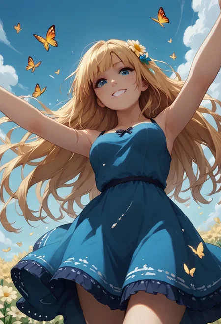 score_9, score_8_up, score_7_up, score_6_up, score_5_up, 1girl, solo, Sana Kashimura, Dutch angle, close to viewer, big smile, arms outstretched and behind, running through a field of lavender, petals everywhere, butterflies everywhere, cinematic, blue sky, summer dress, flowers in hair, masterpiece, in motion, motion blur, film grain, (looking off frame:1.6), view from below and side, dramatic lighting