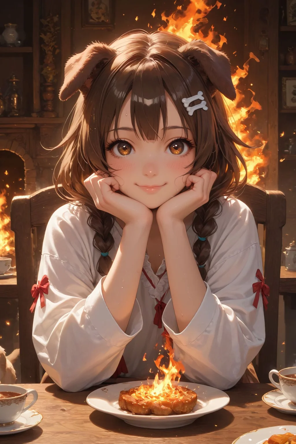 looking at viewer,detailed background,Cinematic Lighting,film grain,score_9,score_8_up,score_7_up,masterpiece,best quality,highly detailed,
<lora:(增强)sdxl_lightning_8step_lora:1>,<lora:glowneon_xl_v1:1>,glowing,<lora:hand 4:1>,hand person,<lora:Expressive_H:0.8>,Expressiveh,<lora:MythM4ngaStyle:0.8>,
1girl,animal ears,brown hair,smile,cup,virtual youtuber,solo,dog ears,brown eyes,(fire:1.2),inugami korone,holding,bangs,sitting,long sleeves,teacup,blush,food,chair,table,sweat,indoors,closed mouth,dog girl,chibi,looking at viewer,(burning:1.2),