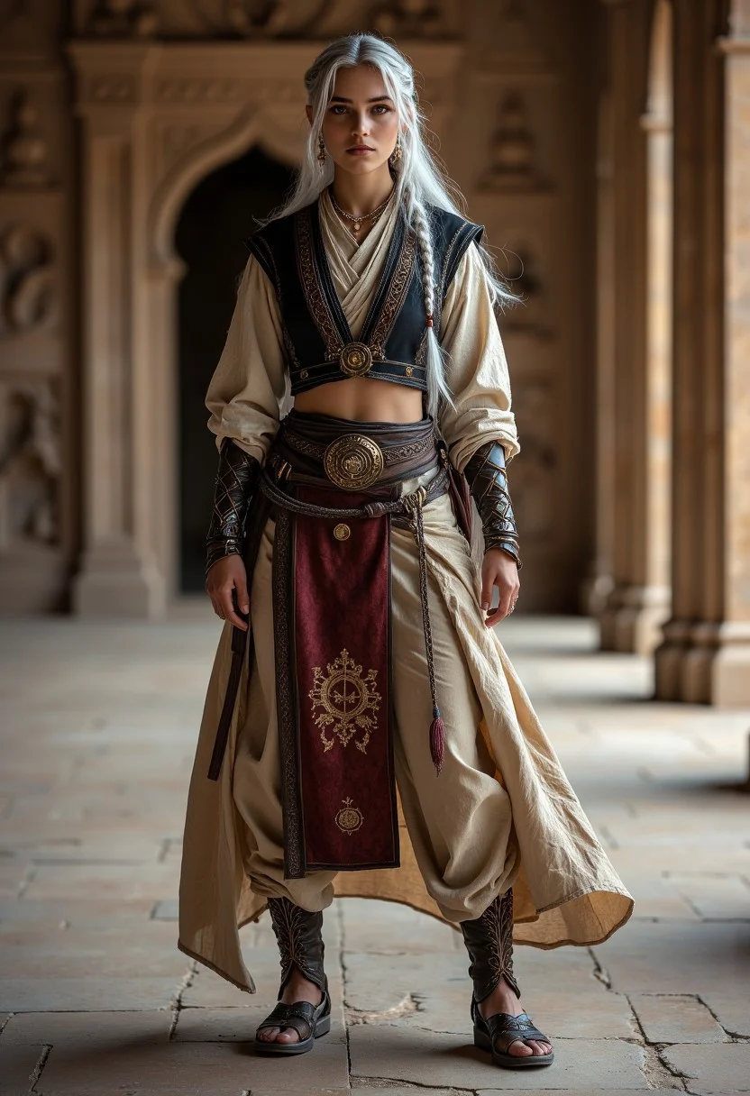 [Camera positioned to capture entire figure from ground to head, wide composition, ensure feet and head are both fully visible in frame]
Overview Statement:
A mystical desert warrior-scholar with an elegant fusion of ancient Middle Eastern and East Asian influences, combining refined grace with martial prowess. Delicate yet strong feet with high arches and elegantly shaped toes
Physical Features:
- Graceful, high-arched feet with elongated toes and smooth skin maintained despite desert travels 
- Face structure features high cheekbones, almond-shaped eyes with a piercing amber gaze
- Flowing platinum-silver hair cascading to mid-thigh, with wispy bangs and intricate side braids adorned with bronze ornamental beads
Outfit Breakdown:
Base Layer:
- Traditional leather sandals with cross-strapping to mid-calf
- Flowing ivory silk peasant blouse with gathered sleeves ending at elbows
- Fitted black brocade cropped vest with intricate bronze clasps and embroidery
- High-waisted harem pants in sand-colored raw silk, gathered at ankles
Ornate Details:
- Wide ceremonial belt featuring ancient script patterns in deep red and gold
- Bronze-worked accessories including spiral arm cuffs and layered earrings
Environmental Context:
- Ancient temple interior with intricate carved wall panels
- Spiral and geometric patterns in bas-relief stonework
- Warm sepia-toned ambient lighting suggesting late afternoon