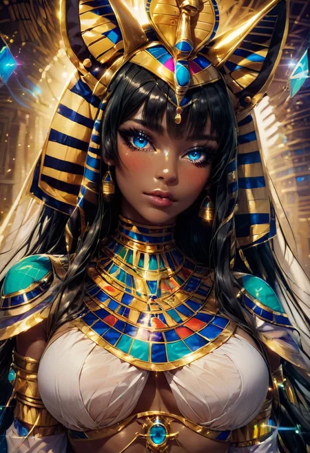 score_9, score_8_up, score_8, big breasts, (ultra realistic,32k, masterpiece:1.2),(high detailed skin:1.1),( high quality:1.1), (curvy), cute, eyelashes,
(upper body, portrait:1.1),
zzRamesses, blue eyes, black hair, dark skin, jewelry, gold,
pharaoh's headdress, animal ears hat, white crop top,
curvy, head tilt, hearts, blush, lips, curvy, head tilt, shiny clothes, upper body, looking at viewer, bokeh, luminescent background, zPDXL