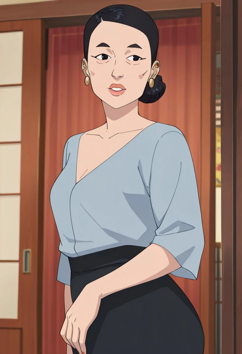 masterpiece, best quality, newest, absurdres, highres, Invincible-show-style-INVPACK.V1.0,
1girl, 
Debbie-INVPACK.V1.0,  asian, asian female, short hair, hairbun, mature female, black hair, black eyes, single hair bun, earrings,