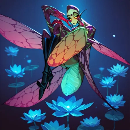 score_9, score_8_up, score_7_up, score_6_up, dark faerie, flying at night, beautiful face, heavy black boots, highly detailed, blue lotus blossom, insect wings, twisting brambles, monster boy, perfect eyes looking at viewer, cyan and magenta, colored skin,