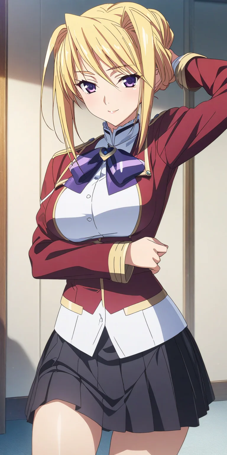 1girl, solo. sylvia_van_hossen, large breasts, blonde hair, purple eyes, hair bun, school uniform, red jacket, white shirt, black skirt, cowboy shot, bare legs, brown shoes, white stocking, seductive smile, full body, anime coloring, <lora:XL-SylviavanHossen:1>, (masterpiece),(best quality),(ultra-detailed),(best illustration),(best shadow),(absurdres),(detailed background),(very aesthetic),