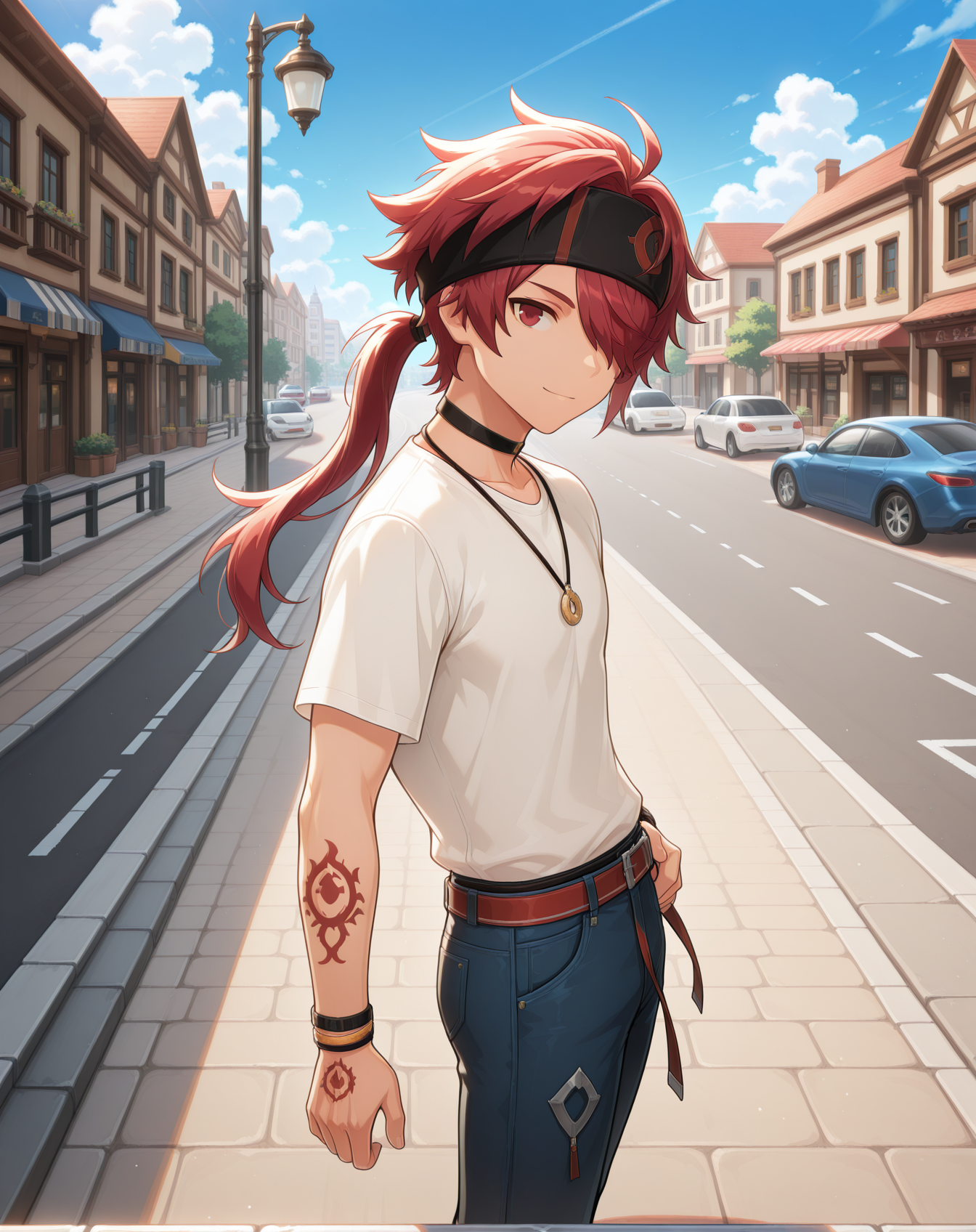 masterpiece,best quality,amazing quality, newest, very aesthetic, absurdres,
1boy, solo, yaoi, male focus, looking at viewer, cowboy shot, standing,
<lora:Elsword_Rune_Master_ilxl:1> elswordrm, red hair, long hair, tattoo,red eyes, ponytail, headband, hair over one eye, 
white shirt, jeans, sneakers,
outdoors, day, blue sky, building, street, road, lamppost, car,