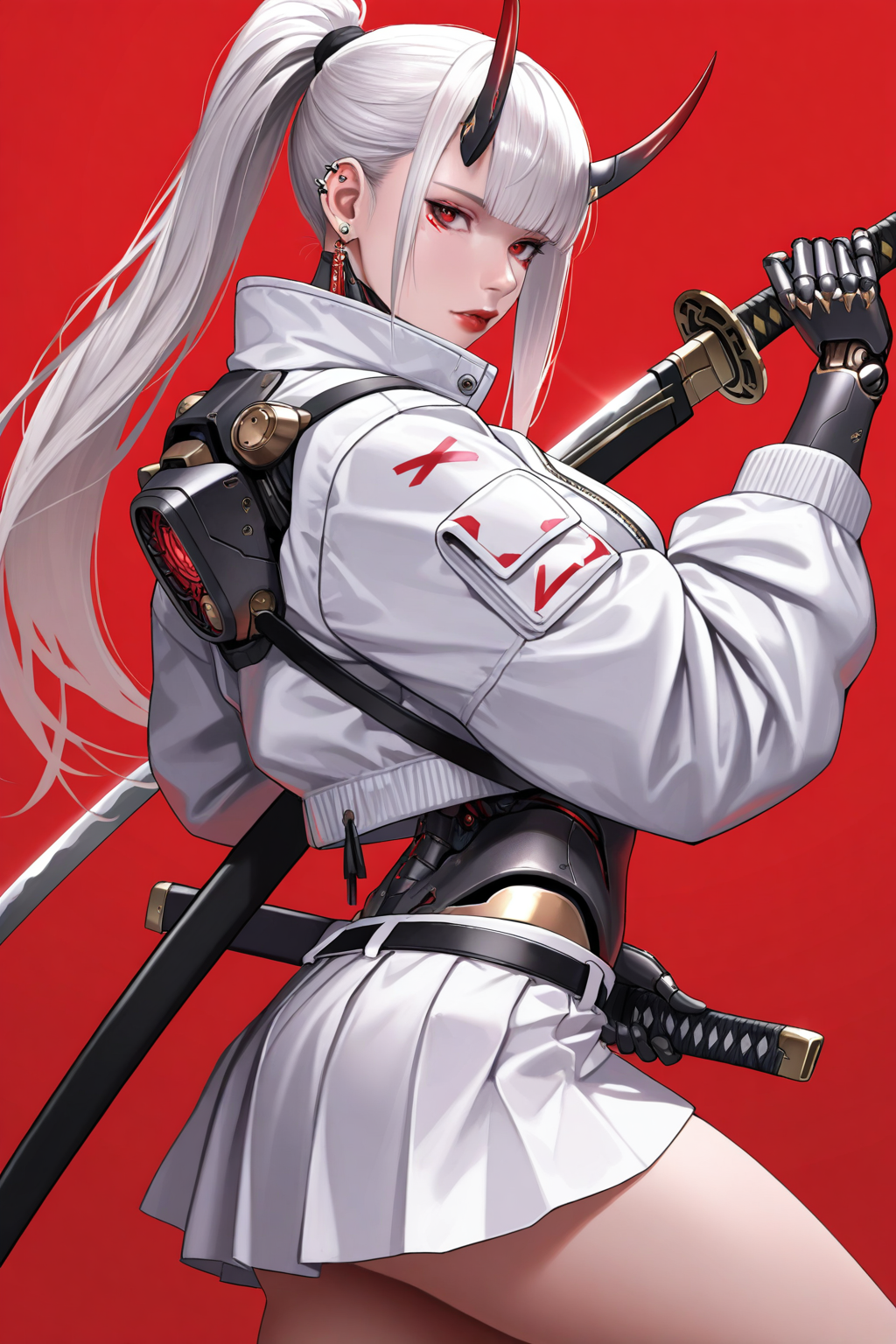 1girl, masterpiece, best quality, 4k wallpaper, red background, horns, katana, solo, cyberpunk, white hair, ponytail, holding sword, red eyes, earrings, sheathed, ear piercing, robot joints, simple background, cyborg, red lips, mechanical arms, science fiction, oni, looking at viewer, from side, scabbard, long sleeves, mechanical parts, white skirt, long hair, mechanical hands, nose, holding sheath, android, white jacket,realistic,masterpiece,best quality,very aesthetic,absurdres