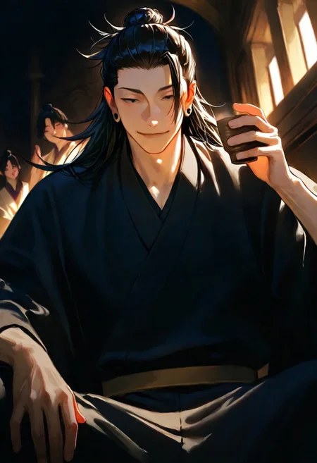 1boy, black hair, beautiful, {{detailed eyes}}, {long hair|man bun} \(hairstyle\), black top, {{detailed face}}, semi-realistic painting, {{aesthetic}}, {{{best quality}}}, stunning, soft features, looking at viewer, wide angle, dark, {smug} \(expression\), {{detailed hands}}, detailed fingers, five fingers \(hands\), sitting, in the temple, drinking traditonal japanese tea, getou suguru, male focus, ear piercing, black kimono <lora:DetailedEyes_V3:1>