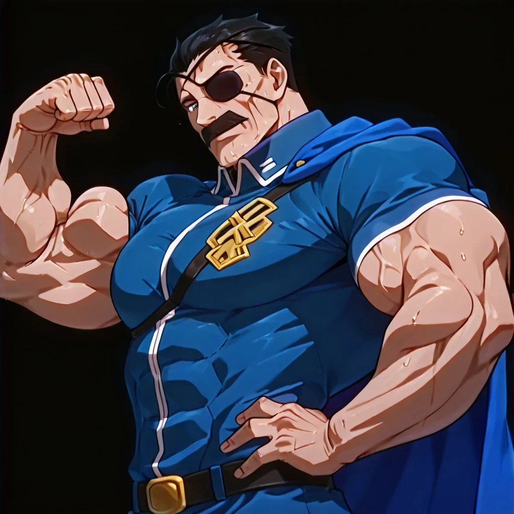 RESET, score_9,score_8_up,score_7_up, Highest Quality, 4k, masterpiece, Amazing Details, best quality, detailed image, (good illumination), source_furry, rating_explicit, proportionate body, BREAK, solo, daddy, high testosterone, bara, (hyper muscles:1.5), handsome, sexy, confident, badass, (sexy grin:1.0), (hyper pectorals:1.8), (hyper biceps:1.8), (looking at viewer:3.0), (black background:3.5), close up, (upper body focus:3.5), (six pack abs:1.3), (veiny muscle:1.3), (sweaty:1.3),
(detailed eyes:2.0), (detailed face:2.0), (perfect face:2.0), (perfect eyes:2.0),
(side view:4.0),
(standing:3.1),
(hand on hips:2.0), (flexing one hand:2.0),
mustache, (eyepatch:2.0), black hair, (short hair),
(military uniform), blue jacket, blue butt cape,