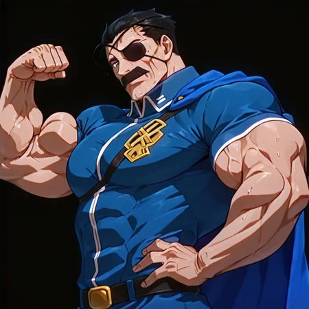 RESET, score_9,score_8_up,score_7_up, Highest Quality, 4k, masterpiece, Amazing Details, best quality, detailed image, (good illumination), source_furry, rating_explicit, proportionate body, BREAK, solo, daddy, high testosterone, bara, (hyper muscles:1.5), handsome, sexy, confident, badass, (sexy grin:1.0), (hyper pectorals:1.8), (hyper biceps:1.8), (looking at viewer:3.0), (black background:3.5), close up, (upper body focus:3.5), (six pack abs:1.3), (veiny muscle:1.3), (sweaty:1.3),
(detailed eyes:2.0), (detailed face:2.0), (perfect face:2.0), (perfect eyes:2.0),
(side view:4.0),
(standing:3.1),
(hand on hips:2.0), (flexing one hand:2.0),
mustache, (eyepatch:2.0), black hair, (short hair),
(military uniform), blue jacket, blue butt cape,