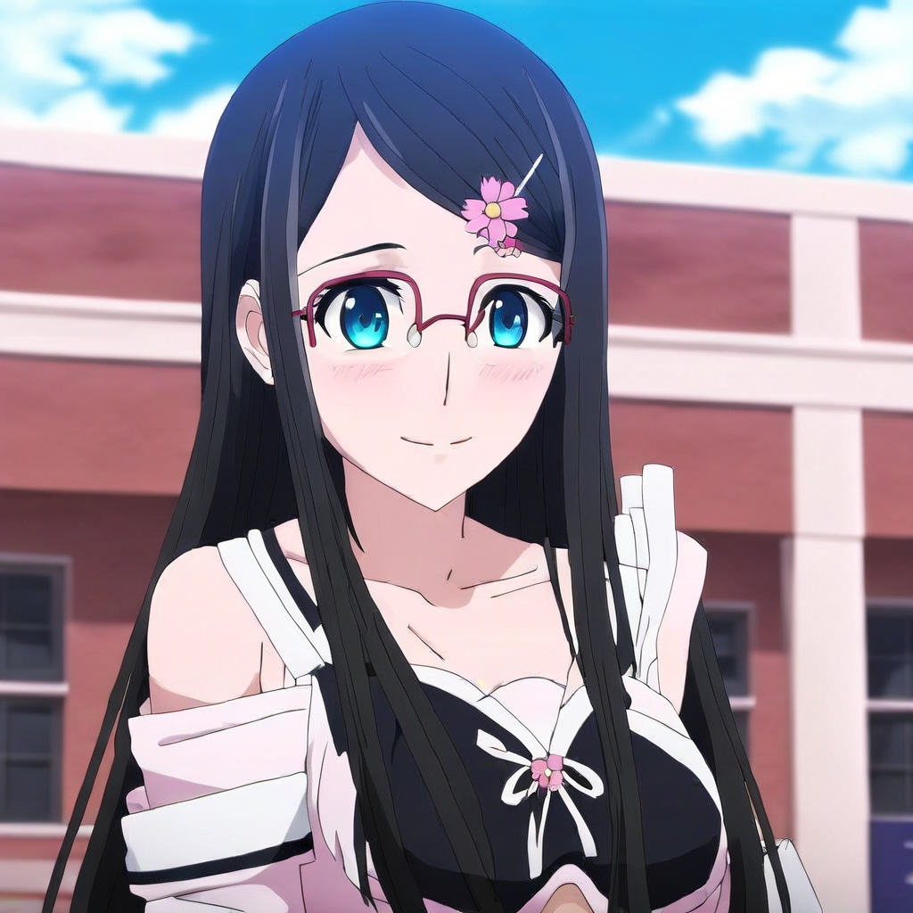 (extremely detailed CG unity 8k wallpaper),eye catching,(masterpiece), (best quality), (ultra-detailed), extremely detailed,(best illustration), an extremely delicate and beautiful ,CG ,unity ,8k wallpaper,solo, black hair with a flower hairclip, long hair, white skin with blue eyes,medium breasts,smile, masterpiece, best quality, school courtyard, smile, holding, bookbag, clouds, sky, bright, highly detailed,  score_4_up, score_anime, score_realstic