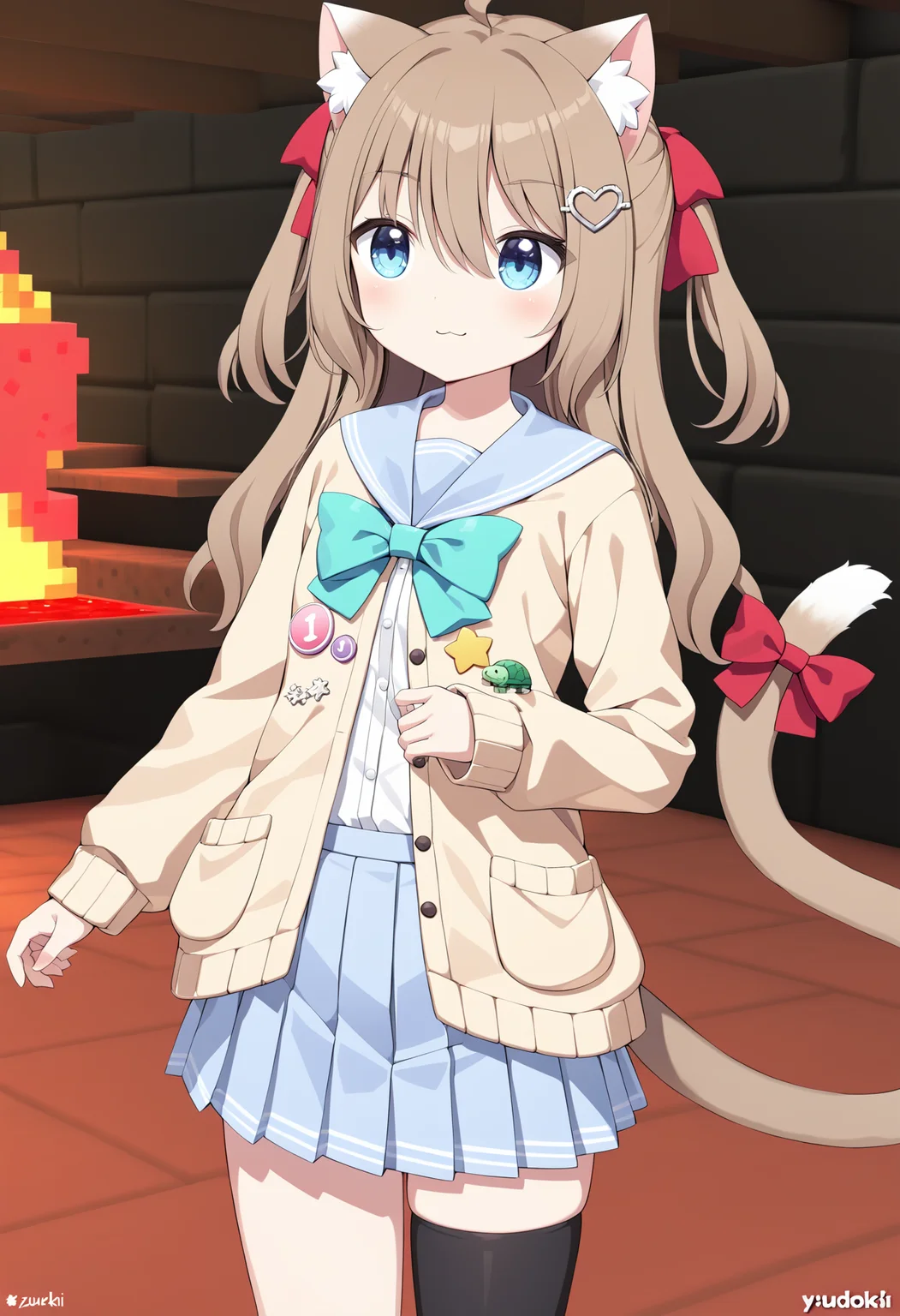 1girl, neuro-sama, (yuzu modoki:1.22), cat ears, cat tail, tail bow, :3, black thighhighs, asymmetrical legwear, single thighhigh, cowboy shot, blue eyes, aqua bow, yellow cardigan, open cardigan, blue sailor collar, blue skirt, pleated skirt, turtle, heart, button badge, star \(symbol\), drone, the number "1" on a badge, red ribbon, hair ribbon, two side up, heart hair ornament, long sleeves, ahoge, light brown hair, natural lighting, (masterpiece, best quality), detailed scenery, (3d render:0.7), (minecraft), fake game screenshot, bubbling bright lava, lava, highly detailed, finely detailed <lora:neurosama_animaginexl_3-15:0.7>
