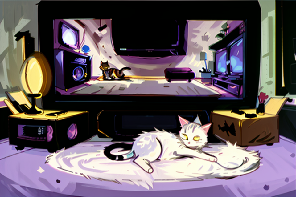 <lora:Mission_Hill_Style_-_1999-000011_11:1>, livingroom, scenery, couch, no_human, cat sleeping, TV on, dark room,<lora:LCM_SD15:1.0>