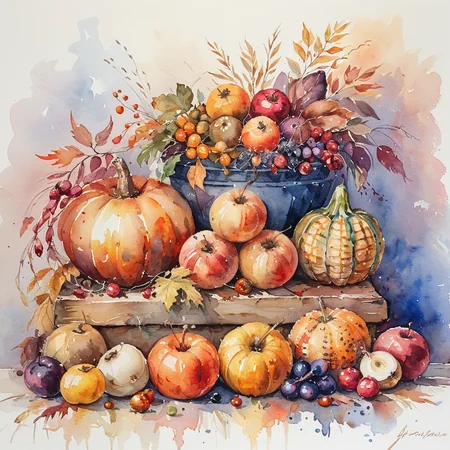masterpiece, best quality, <lora:add-detail-xl:1> <lora:ArsMJStyle_-_Watercolor_SD_1.5_Pony:0.8> ArsMJStyle, Watercolor A still life composition of autumn fruits and vegetables, with rich textures and warm colors.