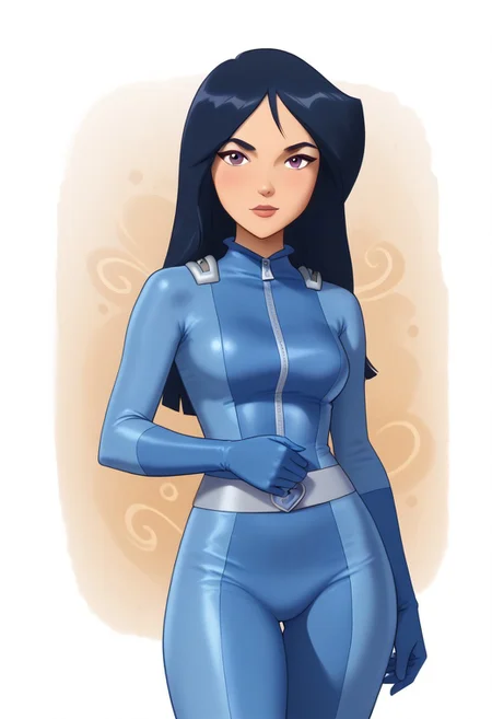 score_9, score_8_up, score_7_up, score_6_up, score_5_up, score_4_up, btimmsketch, cowboy Shot, britney \(totally spies\), long hair, blue hair, purple eyes, blue gloves, blue bodysuit, zipper, belt, looking at viewer, standing, pin-up pose, sexy, halftone effect, white borders, abstract background:1.5