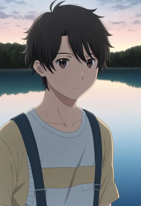 high resolution, solo, best quality, 1Boy, Inaho Kaizuka, Black Hair, Brown Eyes, swimming, natural lake, clear water, shirtless, shorts, sixpack, twilight, OverallDetail