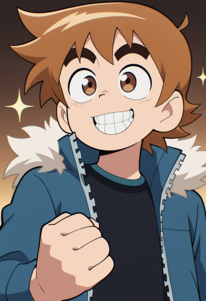 masterpiece,best quality,amazing quality, source_anime,
scotpilgr, 1boy, male focus, solo, smile, sparkle, parody, grin, brown eyes, upper body, style parody, clenched hand, brown hair, shirt, black shirt, jacket, blue jacket, fur trim, open jacket,