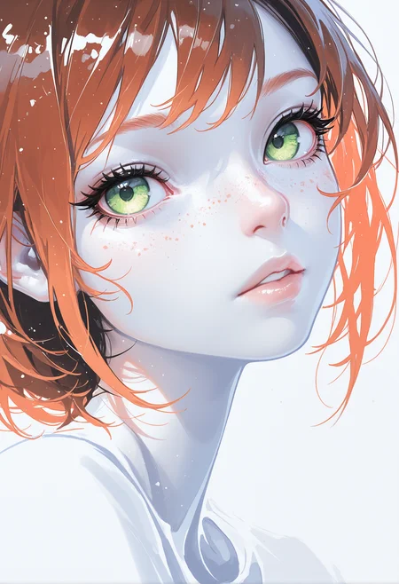 masterpiece, best quality, no lineart, no outline, 1girl, solo, looking at viewer, brown hair, green eyes, parted lips, lips, eyelashes, portrait, close-up, freckles, realistic, nose, white theme,limited palette,negative space,blending,ink sketch, ,from below