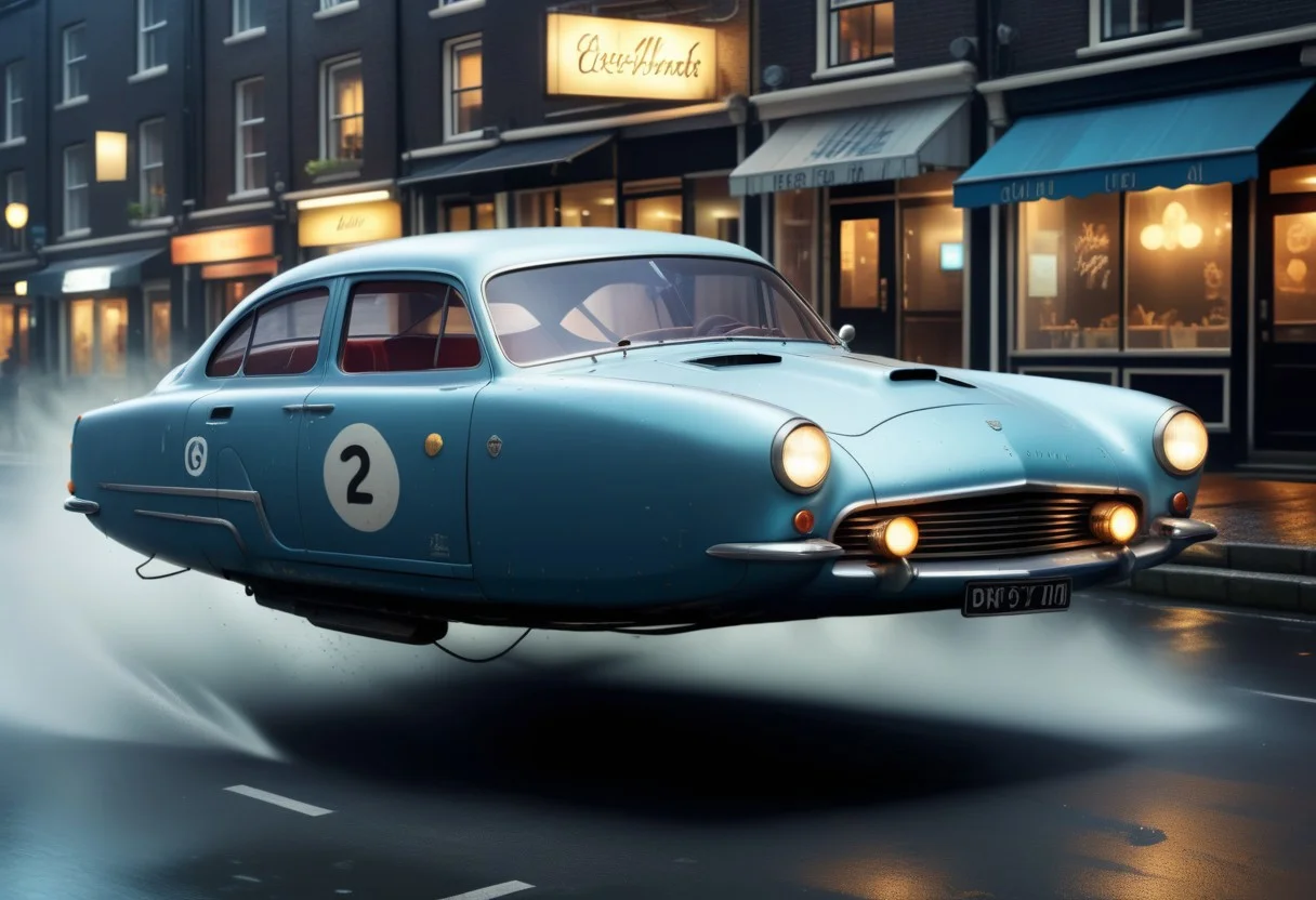 (hyper realistic:1.3), hyper detailed, masterpiece 8K, cinematic lighting, night time, volumetric light, (night time:1.4), splashing water, raining , depth of field, motion blur, skateboard, hovering car, , hovercar, soft lighting, hover_car, Hovering car, wheelless car, no wheels, after burner, jet propulsion, (high-speed chase cinematic:1.4), (dutch angle:2.9), (1950s classic sedan car), retro cyberpunk style, clean lines, sharp edges, streamline, detailed, vintage style, 1950s, city streets,
perfect composition, beautiful detailed intricate insanely detailed octane render trending on artstation, 8 k artistic photography, photorealistic concept art, soft natural volumetric cinematic perfect light, chiaroscuro, award - winning photograph, masterpiece, oil on canvas, raphael, caravaggio, greg rutkowski, beeple, beksinski, giger