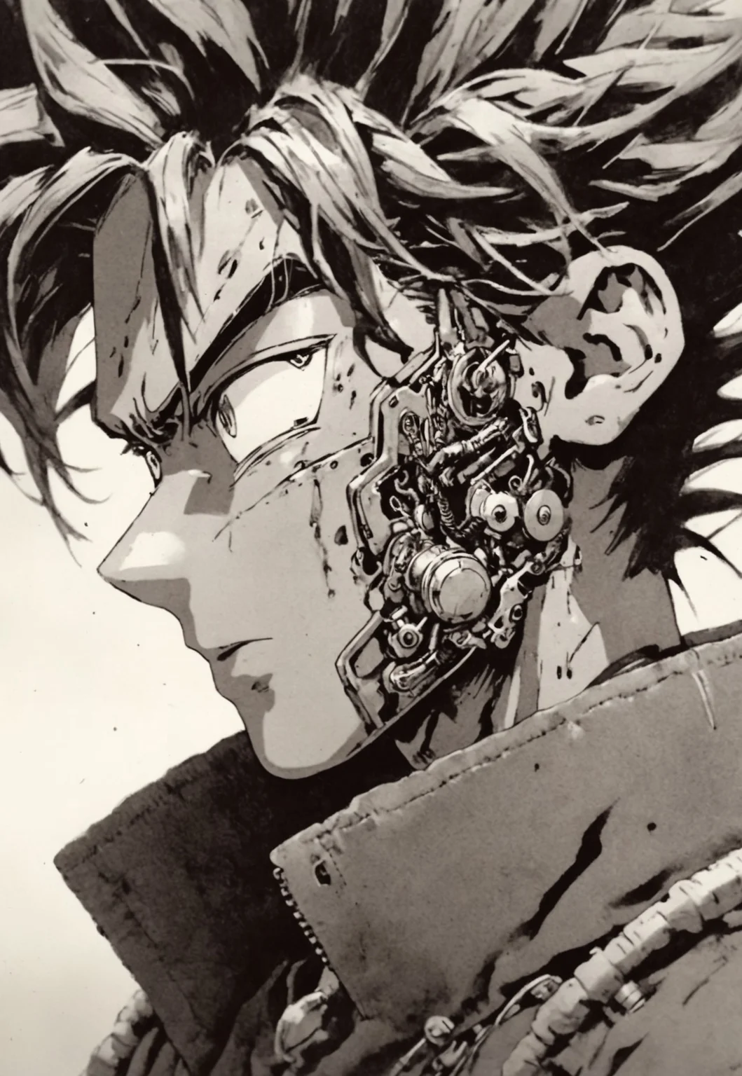 Monochrome with color spots, photo in phst artstyle, mechanical parts, wires, cables, cyberpunk, closeup portrait of PESonGoku with a half robot face, pastel pink/white colored, closeup photo of an wired-cyborg so'n Goku with half robot face wearing a black high collar parka with technical macro writing resembling an Dragonball on the back, solo, man, high collar parka, upper body,, male focus, long hair in wind, fists, clothes writing, crepuscular rays, volumetric lighting, ultra detailed, deep Blacks, very detailed, atmospheric haze, Film grain, cinematic film still, shallow depth of field, highly detailed, high budget, cinemascope, moody, epic, OverallDetail, 2000s vintage RAW photo, photorealistic, candid camera, color graded cinematic, eye catchlights, atmospheric lighting, imperfections, natural, shallow dof