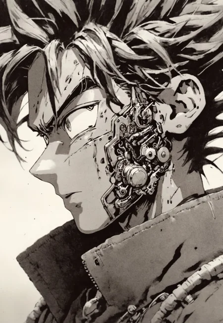 Monochrome with color spots, photo in phst artstyle, mechanical parts, wires, cables, cyberpunk, closeup portrait of PESonGoku with a half robot face, pastel pink/white colored, closeup photo of an wired-cyborg so'n Goku with half robot face wearing a black high collar parka with technical macro writing resembling an Dragonball on the back, solo, man, high collar parka, upper body,, male focus, long hair in wind, fists, clothes writing, crepuscular rays, volumetric lighting, ultra detailed, deep Blacks, very detailed, atmospheric haze, Film grain, cinematic film still, shallow depth of field, highly detailed, high budget, cinemascope, moody, epic, OverallDetail, 2000s vintage RAW photo, photorealistic, candid camera, color graded cinematic, eye catchlights, atmospheric lighting, imperfections, natural, shallow dof