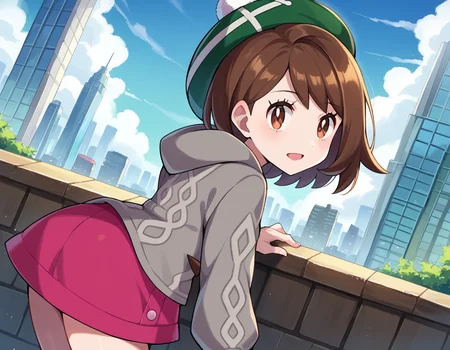 score_9, score_8_up, score_7_up, source_anime,
pokemongloria, <lora:pokemon-gloria-ponyxl-lora-nochekaiser:1>
pokemongloria, brown eyes, brown hair, medium hair,
cardigan, dress, green headwear, grey cardigan, hood, hood down, hooded cardigan, long sleeves, pink dress, short dress,
outdoors, cityscape, bent over,
looking at viewer, cowboy shot, dutch angle,