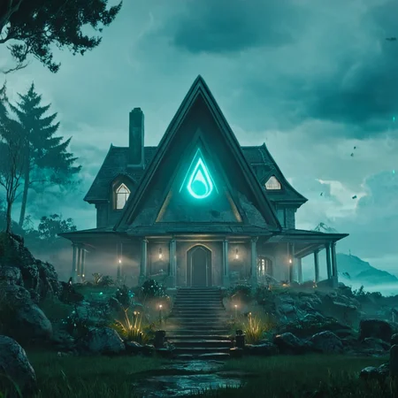 <lora:2020s_Sci-Fi_MovieSDXL:1> ArsMovieStill, Movie still from a 2020s Sci-Fi movie, The image shows a house with a person standing in front of it surrounded by plants grass rocks and trees with a cloudy sky in the background. The house is illuminated by lights giving it a mysterious and ethereal atmosphere reminiscent of the popular video game Assassin's Creed IV Black Flag., tree, outdoors, stairs, scenery, sky, cloud, glowing, solo, cloudy sky, grass