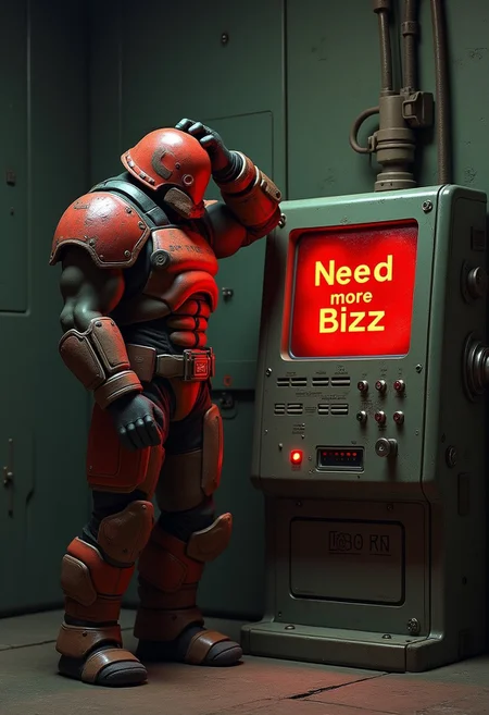 Doomguy from the game Doom stands in front of a terminal with a screen, the screen says "Need more Bizz", Doomguy stands in front of this terminal and thoughtfully scratches his head