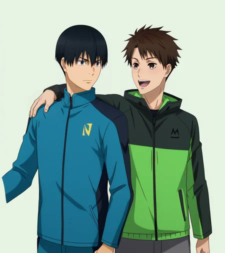 <lora:Kakeru_and_Haiji:1>,zPDXL2,2boys,multiple boys,upper body,anime screenshot,ADDBASE,kakeru kurahara,black hair,blue-black jacket,hand on another's shoulder,arm around shoulder,ADDCOL,haiji kiyose,green-black jacket,open mouth,smile,