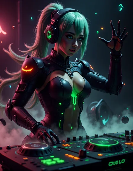 4k photo of a sifi halloween tech female DJ, headphones, neon lights, jumping fans, in the style of hall0w33n