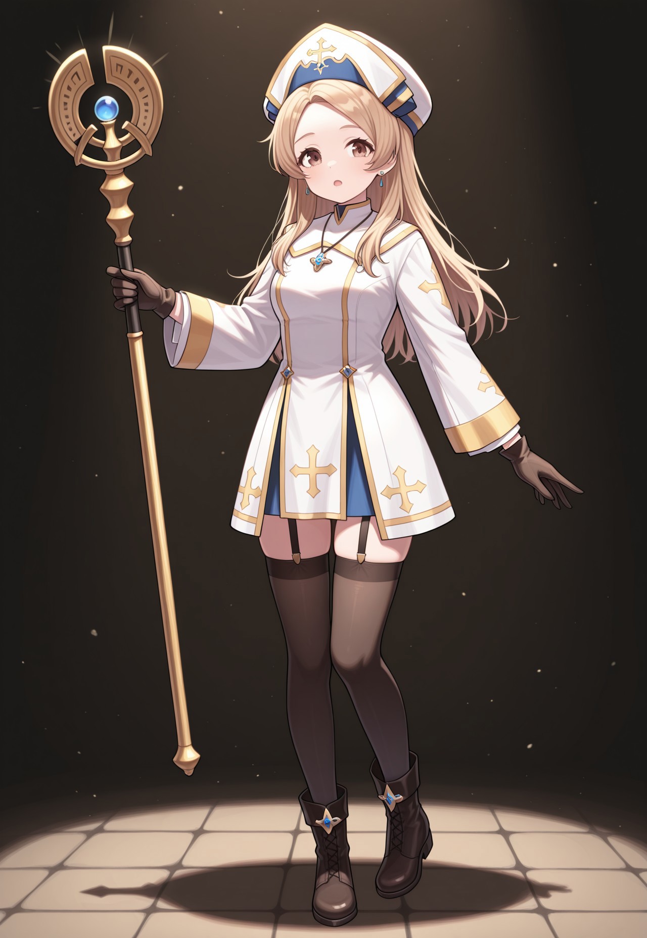 masterpiece, best quality, 32k, high resolution, absurdres, cleric, full body, holding staff, gloves, open mouth, jewelry, closed mouth, boots, hat, brown eyes, thighhighs