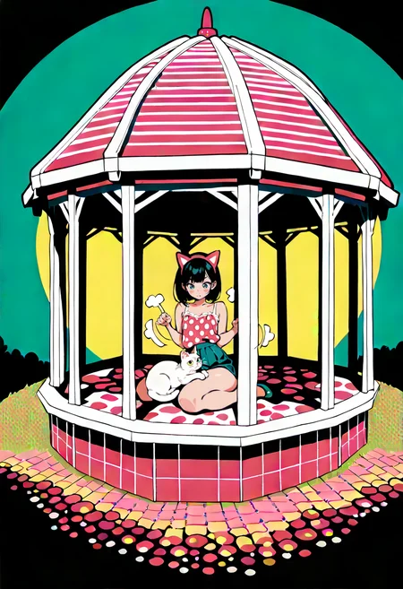 (masterpiece:1.35), (very aesthetic, best quality:1.3), cartoon, pop art, Global illumination, , cat on lap, solo, green Fretwork Colony, Flailing Manticore, crossdressing, dynamic pose, gazebo, highly detailed, absurdres,