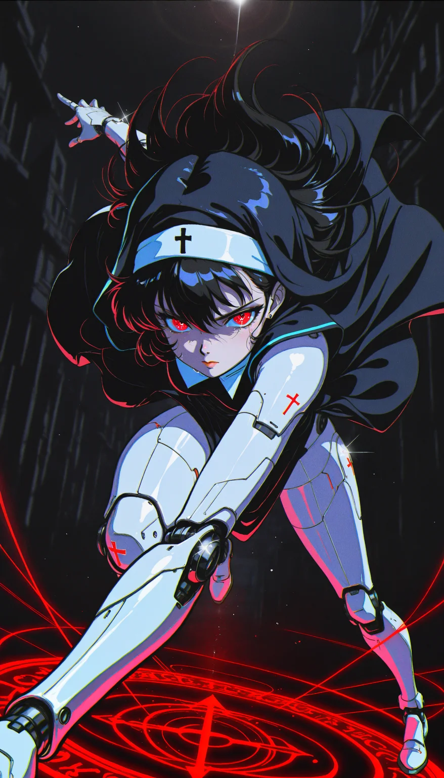 ((absurdres, high_quality, masterpiece)), (dynamic_angle, foreshortening, depth_of_field), blurry_background, (anime_coloring, flat_colors, cel-shaded), (glint, lens_flare), chromatic_aberration, scanlines, (grainy_texture:1.4), (film_grain:1.3), (retro_artstyle, 1990s_\(style\), 1980s_\(style\)), vhs_artifacting, halftone, limited_palette, neon_lighting)
(D4rkR3troSc1f1, cinematic, dynamic_pose, motion_blur, action, wind_lift, magic, magic_circle, dark_aura, energy_swirls, glowing_symbols, crying_blood, crying_with_eyes_open, holographic, glyph, neon_light, cyborg, robot_girl, mechanical_limbs, android, glowing_eyes, red_eyes, narrowed_eyes, black_hair, long_hair, nun, habit, hooded, red_corruption, floating_hair, neon_trim, cross, religious_symbolism, glowing_skin, pale_skin, intense_lighting, glint, dramatic_shadows, volumetric_lighting, sci-fi, futuristic, intricate_details, sharp_contrast, dark_background, eerie, highres, masterpiece)