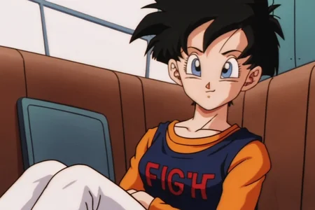 source_anime, score_9, score_8_up, score_7_up, anime screencap,8k, absurd res,
videl, 1girl, solo, looking at viewer, short hair, blue eyes, black hair, long sleeves, sitting, indoors, clothes writing, retro artstyle, 1990s \(style\), (dragon ball \(object\)), car interior, print dress, white pants, text print, hands on lap, spiked hair, orange shirt, official style, looking at another, eyelashes, dress over shirt, collarbone
<lora:videlSatan_pony_v1:0.8>