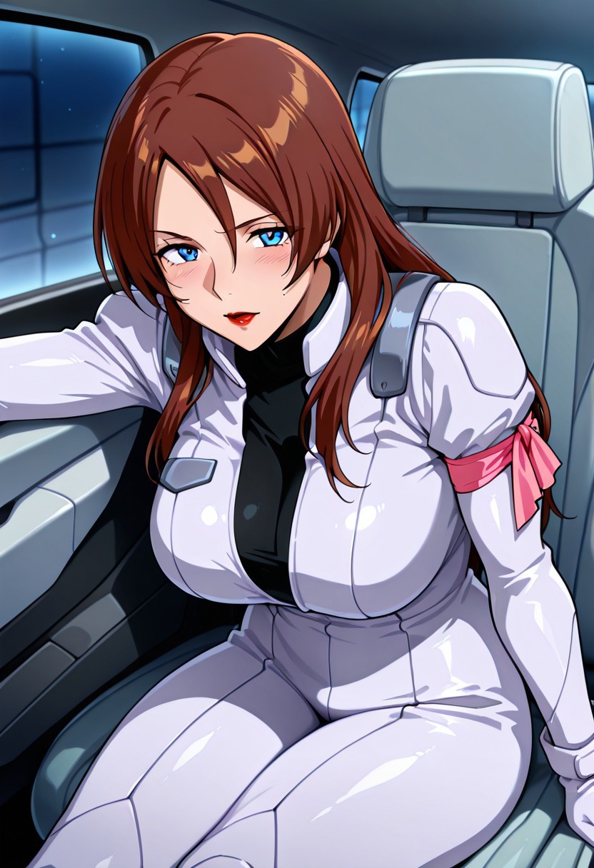 masterpiece, best quality,((masterpiece, absurdres)), best quality, amazing quality, newest, 4k, anime coloring, very aesthetic, ray tracing, Smooth Quality, CG,maheria 1 mature female , brown hair, long hair, blue eyes, red lips, pilotsuit, turtleneck t-shirt, arm ribbon,gloves,sitting