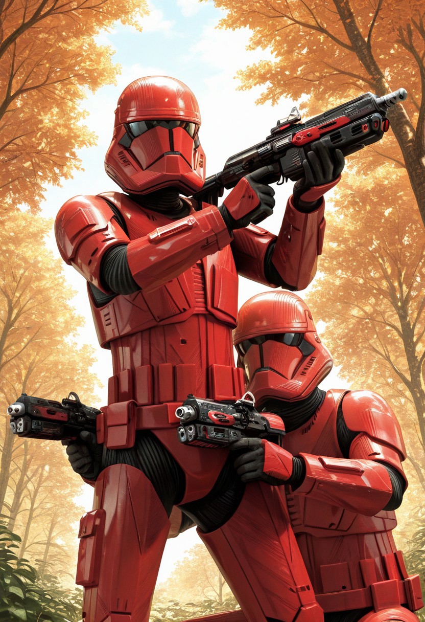 detailed background, cowboy shot, duo, 2boys, SithTrooper, red armor, red helmet, black visor, holding st-w48 blaster riffle in hands, on knees, aiming weapon, blaster firing, BREAK SithTrooper, standing, holding st-w48 blaster riffle in hands, Star Wars forest scenery,  detailed scenery, masterpiece, best quality, very aesthetic, newest, masterpiece, best quality, amazing quality, very aesthetic, absurdres, newest,, high res, ultra detailed, best quality, best artwork, 4k, ultra quality, perfect face, absurdres,masterpiece,best quality,amazing
