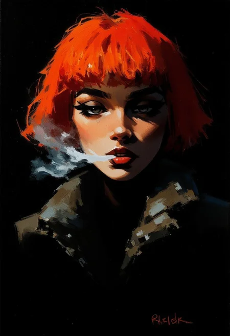 oil painting portrait rendered in a loose, impressionistic style with thick, expressive brush strokes. It depicts a red haired woman smoking wearing a fur coat. the background is black, and she is covered in darkness. close-up.