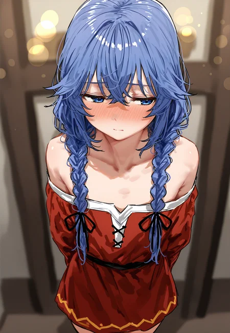 <lora:aruhshuraSDXL:1>, best quality, masterpiece, aruhshura, 1girl, roxy migurdia, braid, blue hair, twin braids, blue eyes, off-shoulder dress, red dress, long hair, blush, bare shoulders, closed mouth, off shoulder, arms behind back, collarbone, hair between eyes, blurry background, crossed bangs, averting eyes, black ribbon, looking to the side, standing, indoors, hair ribbon, depth of field, flat chest