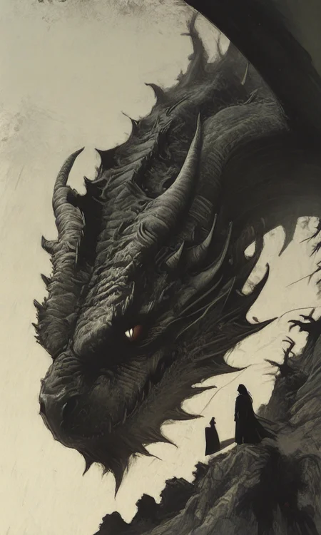masterpiece, absurdres, A dark ominous dragon looms over a lone figure on a cliff with a dramatic moody atmosphere and a low-angle perspective.<lora:HyperdetailedIllustrationIll:0.8>, <lora:- iLL - af_colorfull_illustration_V1.0-step00008000:.6> <lora:ck-painterly-fantasy-IL:0.8> <lora:DelicateWhimsyIllustrious:0.8> <lora:negative-space-merged-3:0.8> negative space