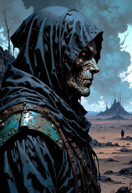 side view, in a wasteland, a surreal masked figure, hood, elaborate mask, in the depths of a desolate wasteland, liminal fog, iridescent colors, stunning background. dark and moody, a mesmerizing blend of light and shadow. masterpiece, absurdres, intricate details,