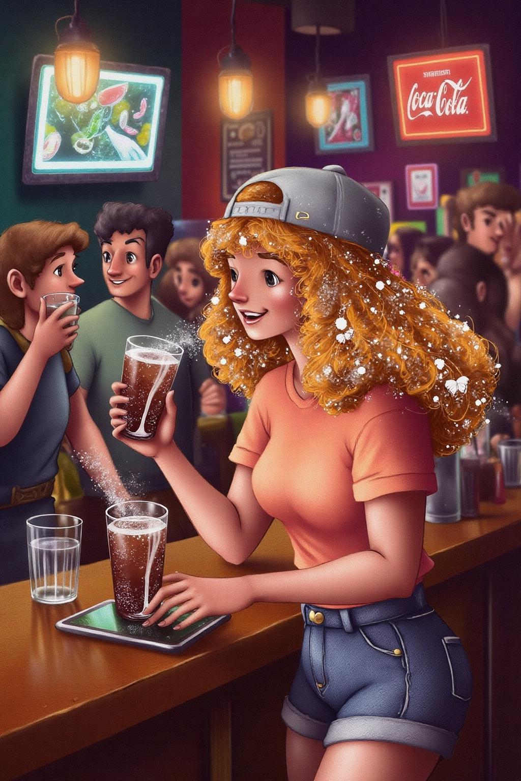 illustration.
 The air buzzes with the energy of a busy bar, a mix of music, conversation, and the clinking of glasses. A barmaid, the embodiment of youthful vibrancy, navigates the lively scene. She wears a peach-coloured T-shirt, the soft fabric contrasting with the smooth, cold glass of coke she carries on a small tablet. Her short skirt adds a playful touch, and a backwards baseball cap hints at a carefree attitude. The setting and atmosphere are palpable: the warm, slightly sticky surface of the bar counter under her fingertips, the dim, colourful lighting that casts playful shadows. Sensory details are abundant: the condensation forming on the glass of coke, the texture of her denim skirt, and the way the bar lights catch the highlights in her hair. Her confident stride, her quick smile, and her efficient movements. Stylistically, the image draws inspiration from the vibrant, candid shots of nightlife photographers, with a touch of the stylized realism found in contemporary illustration. There's a deliberate contrast between the barmaid's youthful energy and the slightly worn, lived-in atmosphere of the bar, creating a dynamic and engaging image. <lora:alicesa1_cap_d6a3:1.0><lora:830673742213630830:0>