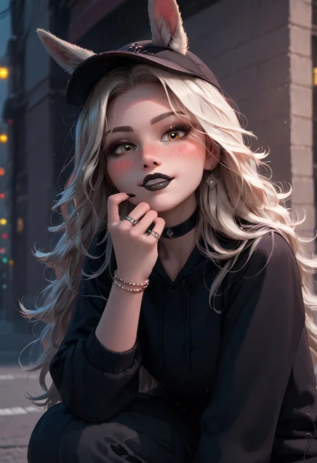 score_9, score_8_up, score_7_up, score_6_up, score_5_up, score_4_up, rating_explicit, 1girl, mischievous, Flora Heloise Daisy, fit woman, rabbit ears, rabbit tail, rabbit feet, 29 year old, face focus, blush, platinum blonde hair, beautiful face, bangs, ((Luscious hair, flowing hair, soft hair, full hair):1.2), black chocker, yellow eyes, toned, slender, perfect big saggy breasts, freckles, nice butt, wide hips, thick thighs, ((detailed fluffy fur, realistic fur, soft fur, fluffy fur, realistic lighting, natural lighting, soft lighting, subsurface scattering,):1.3), beautiful, (hazel eyes), detailed face, realistic face, make up, black lipstick,long nails, black nails, black eyes, sm eyeshadow, long eyelashes, eyeliner,full lips, close up on face, face close up, choker, rings, bracelet, perfect hands, seductive smile, great view,pose,
Break
Baseball cap, black hoodie, long skirt, smiling
Break
City streets, winter, paw pose, crouching, glowing, neon