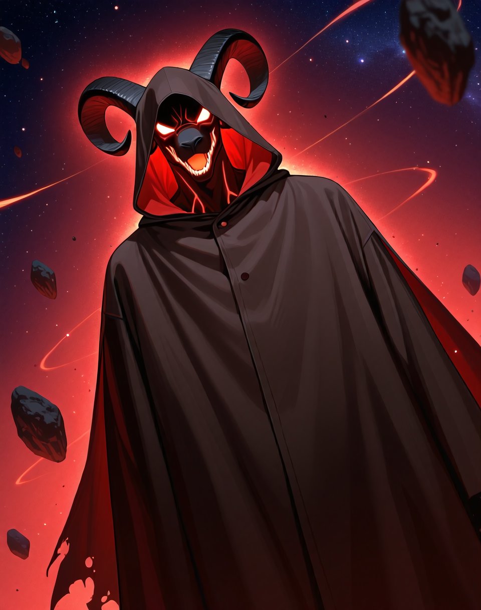 <lora:Moro_Hooded_Form_(Dragonball_Z)_(Illustrious)_(AD):1.35> Moro, hooded cloak, goat, 
((
dutch angle, exterior, outer space, floating rock islands, 
male focus, gradient coloring, solo, cowboy shot, soft shading, old, aged up, dark picture, tattered brown cloak, evil villain, large hood covering entire head and face, goat mouth, horn peak under hood, astral magic, astral energy, 
):1.5), 
BREAK very awe, aesthetically pleasing, masterpiece, best quality, amazing quality, very aesthetic, perfect depth of field shot, in'ei, furry_art, source_furry, source_anime,
EZRealPONYXL, zPDXL, Smooth Quality, lazympos, IllustQualXL_Pos,