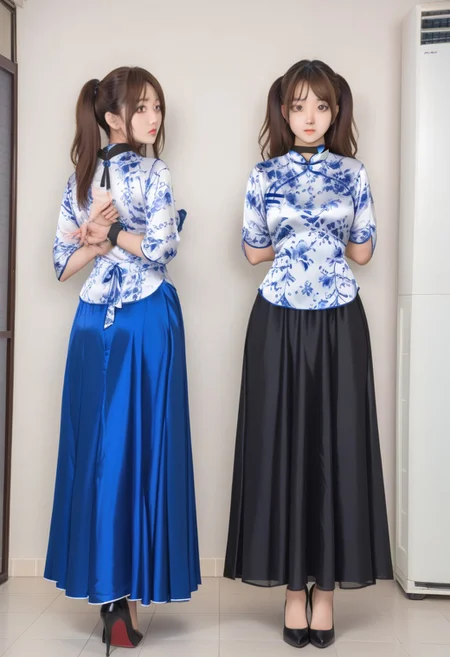 full body,2 girls,side by side, one girl Body facing front,((the other girl Body facing back)), blush,black collar,arms behind back,wrist hung up the collar behind by Black nylon tape,white Chinese style blouse, breasts apart,large breasts, small waist,great hips,blue silk maxi skirt,The fabric of the dress is smooth and flat,Black high heels