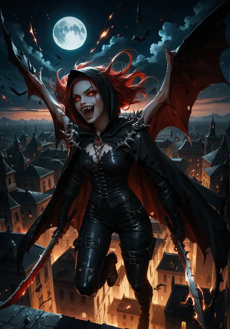 score_9, score_8_up, score_7_up, score_6_up, Dark beauty, solo, vampire huntress, mid-leap, sharp fangs bared, black leather outfit, dual wielding silver daggers, slashing through the air, night city rooftop, shattered moon in the sky, sparks flying, dark cloak trailing behind