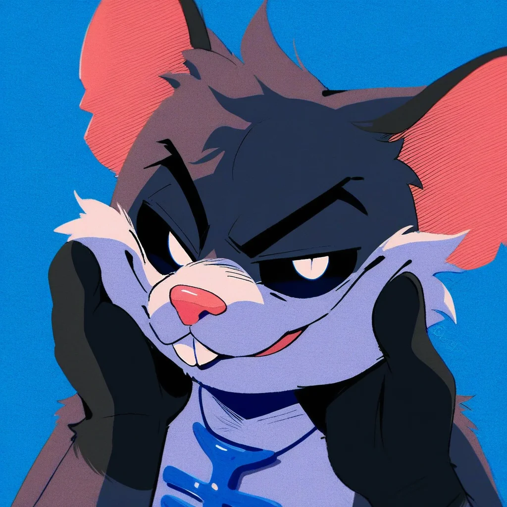 score_9, score_8_up, score_7_up, furry, Touille, rat, grey fur, black sclera, white pupils, buckteeth, pink nose, blue necklace, cartoon style, 2d, furry male, solo, upper body focus, face close up, hand on cheek, smug expression, looking at viewer, smile, dark blue background