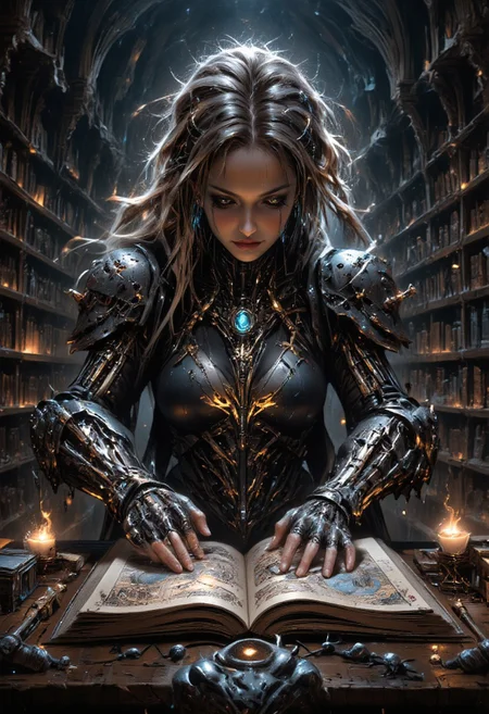 in the style of piratepunk, mythpunk, and cyberpunk. Combining mythological and legendary aesthetic of magical, pirate, and futuristic cybernetic technology. Featuring a female adventurous shadowmancer mythological pirate caster. Wearing a biopunk exoskeletonwith organic tissue grafts, vein-like patterns melding flesh and metal with matching  mechanical_arms with intricate glowing runes. {She also has intricate dimly glowing mechanical eyes. Engrossed in deciphering cryptic texts from ancient tomes, surrounded by ancient scrolls in an ancient library, the room is lit be an eerie magical glow. style of H. R. Giger, wlop,