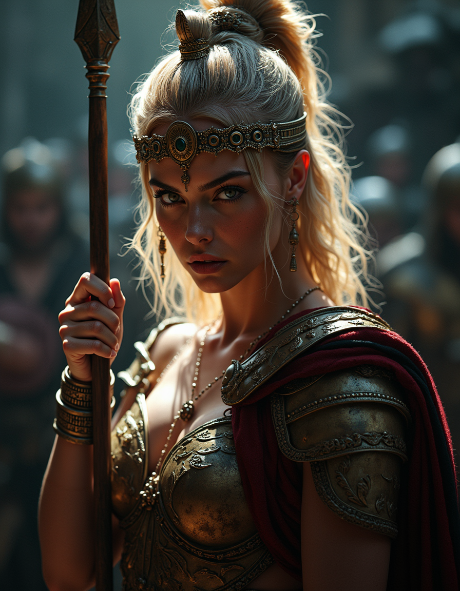 fantasy setting, beautiful ancient Roman goddess, Bellona, slim, warrior, bloodshed, rage, violence, ethereal, supermodel,thumb, spear, shield, wearing roman soldiers' armor, detailed skin, skin pores, detailed face, jewelry, celestial, intricated skin, realistic, photorealistic, rim lights, dark shadows, cinematic scene <lora:FluxMythP0rtr4itStyle:0.5>