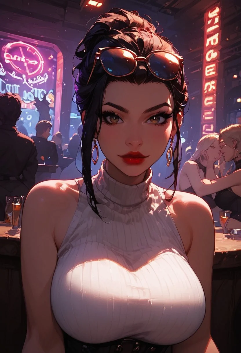 score_9,score_8_up,score_7_up,score_6_up,score_5_up, best_quality, ultra-detailed, masterpiece, close up, 
1girl, jewelry, glasses, earrings, corset,  looking at viewer, rings, bare shoulders, red lips, tinted eyewear on head, ribbed sweater, sleeveless sweater, turtleneck, black nails, black skirt, large breasts, 
Break
In a night club, sitting at the bar, looking from across the counter, neon lights, dark interior, neon glow, shadows, dim lighting, low light, dark,